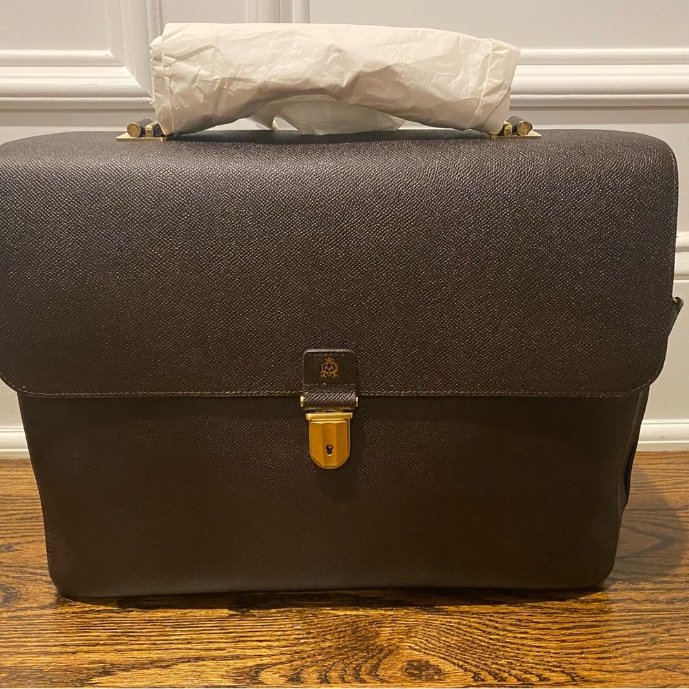 Brand new Dunhill brown leather briefcase with gold hardware